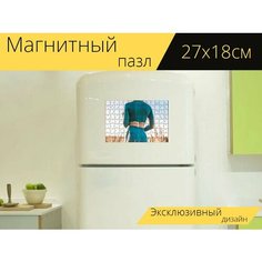 Магнитный пазл "Женщина, спортивная одежда, поле" на холодильник 27 x 18 см. Lots Prints