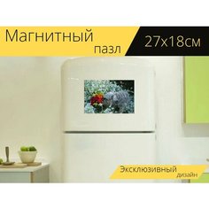 Магнитный пазл "Шнауцер нюхает цветы, собака в саду, собака нюхает цветы" на холодильник 27 x 18 см. Lots Prints