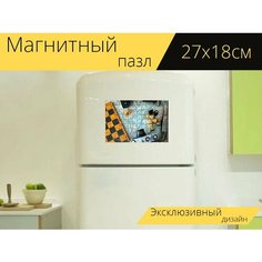 Магнитный пазл "Шахматы, фотоаппарат, карта мира" на холодильник 27 x 18 см. Lots Prints