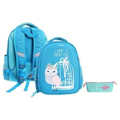 Рюкзак каркасный 36 х 28 х 17 см, + пенал, Bruno Visconti "CUTE OWLS. Кокетка", бирюзовый