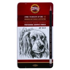 Карандаши чёрнографитные Toison Dor 8B-2H 1912, утолщённые, шестигранные, в металлическом пенале