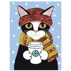 Картина по номерам, "Живопись по номерам", 45 x 60, A196, чёрный, кот, кофе, чашка, зима, снег, шарф, шапка