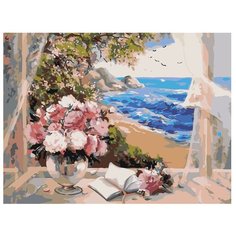 Картина по номерам, "Живопись по номерам", 60 x 80, ARTH-AH154-3040, цветы, пейзаж, море, подоконник, книжка, блокнот, открытое окно