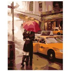 Картина по номерам, "Живопись по номерам", 80 x 100, DA08, Влюблённые, поцелуй, дождь, зонт, картинки, любовь, Париж, такси, дождь