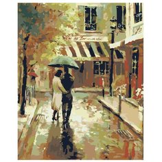 Картина по номерам, "Живопись по номерам", 60 x 75, BH24, Влюблённые, дождь, живопись, городской пейзаж, кафе, зонт, осень