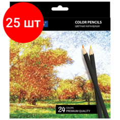 Комплект 25 шт, Карандаши цветные BRAUBERG "Artist line", 24 цвета, черный корпус, заточенные, высшее качество, 180565