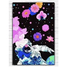 Картина по номерам на холсте радужный космос (космонавт, цветы) - 9035 В 60x40