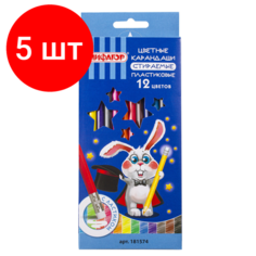 Комплект 5 шт, Карандаши цветные стираемые с резинкой пифагор "магия", 12 цветов, пластиковые, 181574
