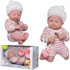 Пупс Junfa Pure Baby в бело-розовом в полоску комбинезоне и белой с серой полоской шапочке, с аксесс. 35см WJ-22518
