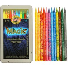 Карандаши цветные цельнографит 12 цветов Koh-I-Noor PROGRESSO MAGIC 8772, металлический пенал