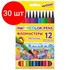 Комплект 30 шт, Фломастеры юнландия "водный МИР", 12 цветов, трехгранные, вентилируемый колпачок, картон, 152182