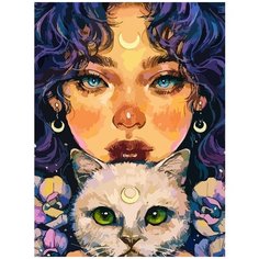Картина по номерам на холсте Девушка с кошкой (луна) - 8487 В 30x40