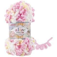 Пряжа Alize Puffy Fine Color (Пуффи Файн Колор) - 2 мотка Цвет: 6367 белый, желтый, розовый 100% микрополиэстер 100г 14м