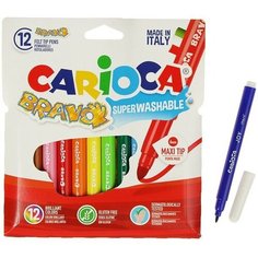 Фломастеры 12 цветов Carioca Bravo, 4.0 мм, утолщенные, смываемые, увеличенный ресурс, суперяркие, картон. европодвес