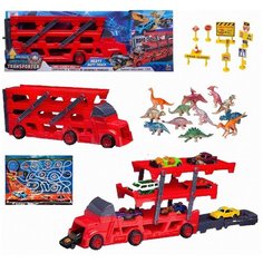Машинка Автовоз-катапульта (красный), в наборе с 8 машинками, 12 фигурками динозавров и аксессуарами, в коробке - Junfa Toys [WT-10566/красный]