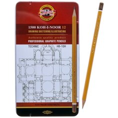 Набор карандашей чернографитных разной твердости 12 штук Koh-i-Noor 1500, HB-10H, в металлическом пенале