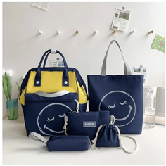 Набор 5 в 1/ рюкзак школьный со смайликом для девочки, сумка шоппер, косметичка, пенал, сумочка для мелочей, значки, синий Miyalitty Bags