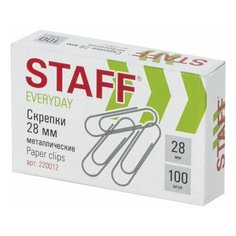 Скрепки Staff (28мм, металлические) картонная упаковка, 100шт. (220012), 10 уп.