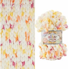 Пряжа Alize Puffy fine color белый-жёлтый-оранжевый-коралл (6244), 100%микрополиэстер, 14,5м, 100г, 3шт