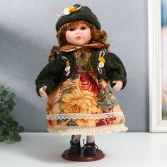 Кукла коллекционная керамика "Алёна в платье с цветами, в зелёной шапке и джемпере" 30 см Россия