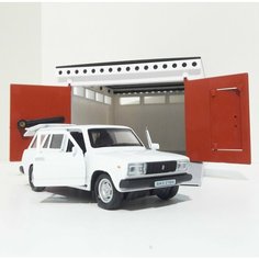 Игрушечный разборный гараж с распашными воротами (21 см) и металлическая инерционная 12 см машинка 2104 с открывающимися дверями (белая) Форма