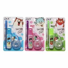 Набор (корректор-лента 5м*5мм + корректор-ручка +ручка шариковая) на блистере микс Котик Нет бренда