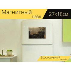 Магнитный пазл "Деревянные сваи, стволы деревьев, восход солнца" на холодильник 27 x 18 см. Lots Prints