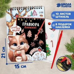 Блокнот-гравюра «Новогодний котик», 10 листов + лист наклеек Школа талантов