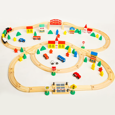 Детская железная дорога из дерева, поезд с вагонами, рельсы с мостом, домики, деревья, машинки, 100 деталей Mubei