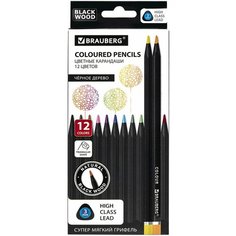 Карандаши цветные чёрное дерево BRAUBERG BLACK WOOD, 12 цветов, трехгранный корпус, грифель мягкий 3 мм, 181948 Комплект : 1 шт .