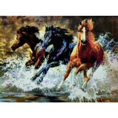 Алмазная мозаика квадратные стразы 40*50 жеребец, табун лошадей, река, лес, горный пейзаж, природа, конь, животные, Kakadu