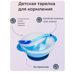 Детская тарелка на присоске с ложкой синяя нет бренда