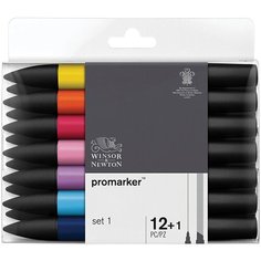 Набор художественных маркеров двухсторонних Winsor&Newton "Pro", пулевидный/скошенный, 2мм/7мм, 12цв.+1 блендер Нет бренда