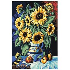 Картина по номерам, "Живопись по номерам", 100 x 150, F07, ваза, подсолнухи, цветы, Букет, яблоки, натюрморт, груши, драпировка