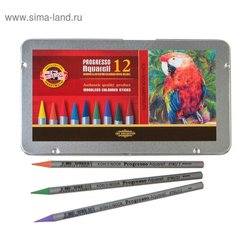 Koh-I-Noor Карандаши акварельные набор 12 цветов, цельнографитовые Koh-I-Noor Progresso Aquarell, в металлическом пенале