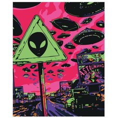 Картина по номерам, "Живопись по номерам", 60 x 75, FU32, Марсиане, летающая тарелка, Нашествие, знак, город, поп-арт, абстракция