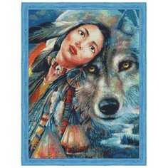 Алмазная мозаика «Алеутка и волк», QR200009 / 50х65 см / Полная выкладка / Холст на подрамнике / Картина стразами Цветной