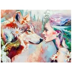 Алмазная мозаика без подрамника 40x50 см Девушка и волк Noname
