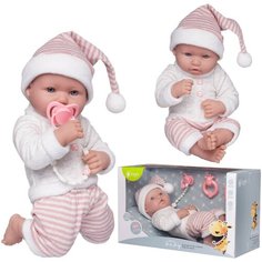 Пупс Junfa Pure Baby в вязаных бело-розовых полосатых штанишках и шапочке-колпаке, серой толстовке, с аксессуарами, 35см Китай