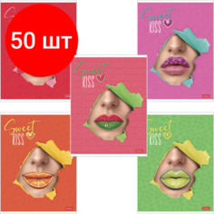 Комплект 50 шт, Тетрадь А5, 48 л, HATBER, скоба, клетка, матовая ламинация, 3D-лак, "Sweet kiss" (5 видов в спайке), 48Т5лолВ1