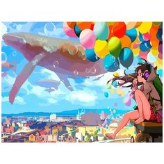 Картина по номерам на холсте красочная аниме девушка (небо, кит) - 8841 Г 30x40