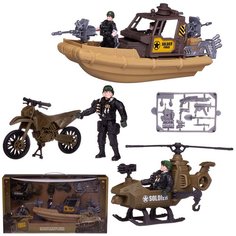 Игровой набор Abtoys Боевая сила Военная техника: патрульный катер, вертолет, мотоцикл, 3 фигурки солдат PT-01664