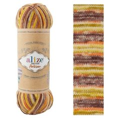 Пряжа Alize Superwash Artisan (Ализе Супервош Артизан) - 1 моток, Коричневый, оранжевый, зеленый (9006), 75% шерсть супервош, 25% полиамид, 420м/100г