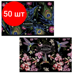 Комплект 50 шт, Альбом для рисования, А4, 40 л, скоба, тиснение фольгой, TWIN, пзбм, 205х295 мм, "Японская вышивка" (2 вида), 046795 Полотняно Заводская Бумажная Мануфактура