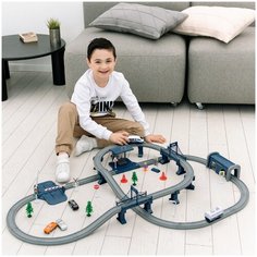Большая игрушечная железная дорога "Мой город, 104 предмета", на батарейках со светом и звуком (Синяя) G211-020 Givito
