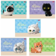 Альбом для рисования, А4, 32 л, скоба, обложка картон, ламинация, HATBER, 205х290 мм, "Кошарики" (5 видов), 32А4лВ