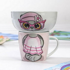 Набор детской посуды из керамики "Котик", 2 предмета: кружка 230 мл, миска 400 мл Доляна