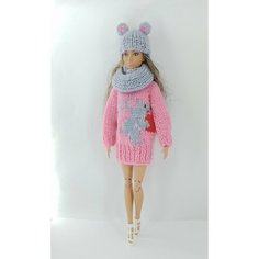 Комплект "Мышка" из шапочки с ушками, платья - свитера и шарфика - снуда для кукол Барби + вешалка. Maryeva