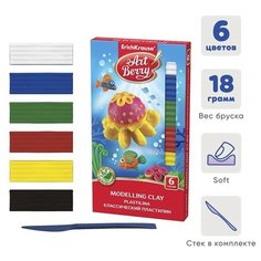 Пластилин 6 цветов, 108 г, ErichKrause ArtBerry, премиум, с алоэ вера, со стеком, индивидуальная упаковка брусков, в картонной упаковке