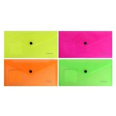Папка-конверт на кнопке Travel (255х130мм), 180 мкм, ErichKrause Glossy Neon, глянцевая, полупрозрачная, цвет - микс, 12 шт.